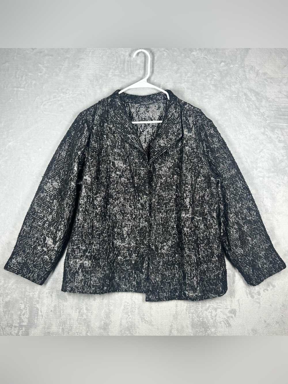 Eileen Fisher Woman 1X Wool Blend Metallic Black Open Jacquard Jacket Blazer